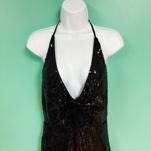 NWT Lulus Black Sequin Pretty Sensational Rosette Halter Maxi Dress Womens M - Picture 3 of 8